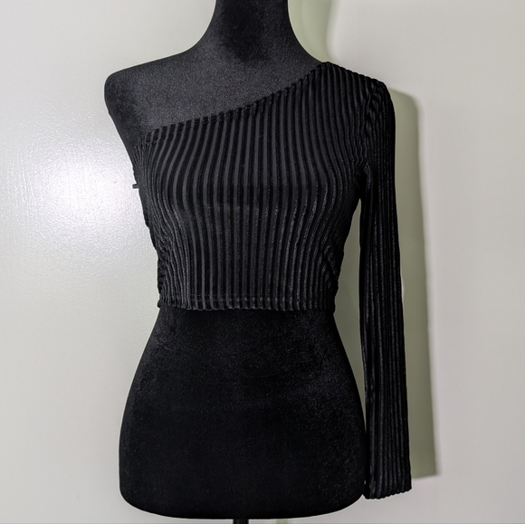Black One-Shoulder Ribbed Top Velvet Cropped Off The Shoulder Dance Sexy - Picture 1 of 5